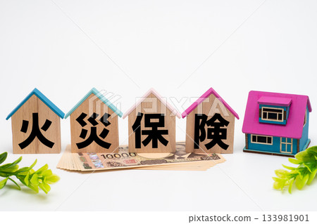 一棟房屋模型、一張10,000日元鈔票，以及「火災保險」字樣 133981901
