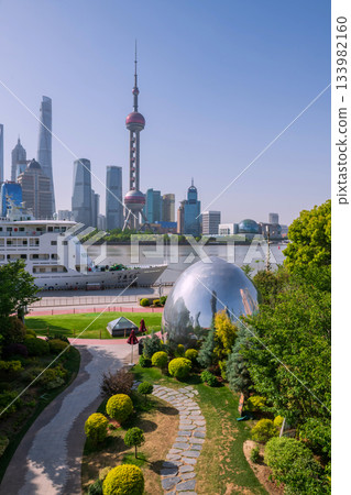 North Bund green land photogenic spot with Pearl tower, Shanghai 133982160