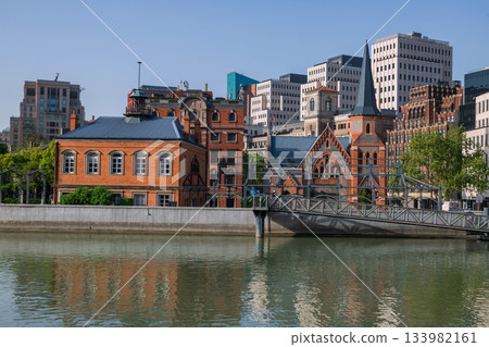 Union church by river with skyline refleciton at Hungpu, Shanghai Union church by river with skyline refleciton at Hungpu, Shanghai 133982161
