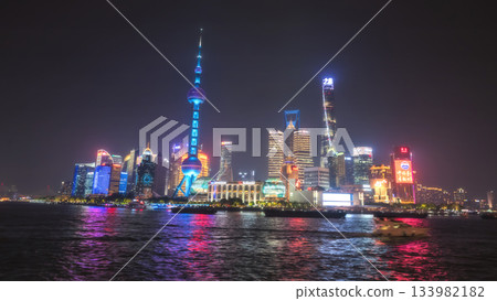 Shanghai new world view from the Bund with Oriental Pearl Tower at night 133982182