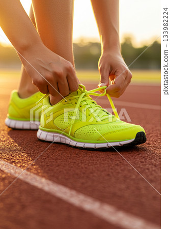 Runner Tying Neon Yellow Shoes on Track at Sunrise Runner Tying Neon Yellow Shoes on Track at Sunrise 133982224