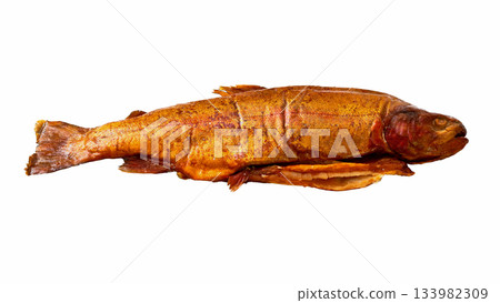 hot smoked whole trout fish on white background, 133982309