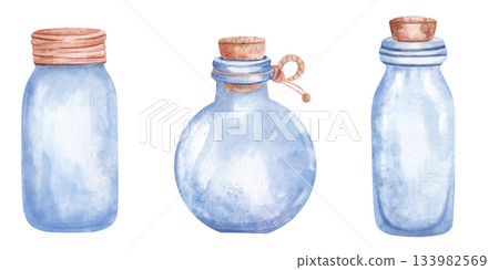 Hand drawn watercolor set of empty glass bottles with wooden corks. Rustic apothecary collection isolated on clean white background. Versatile minimalist design for product and vintage packaging Hand drawn watercolor set of empty glass bottles with wooden corks. Rustic apothecary collection isolated on clean white background. Versatile minimalist design for product and vintage packaging 133982569