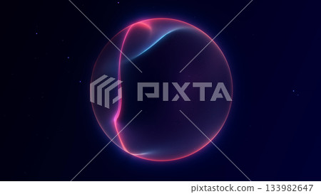 Minimal glowing neon sphere with smooth light curves in a vivid blue-pink gradient. Futuristic digital style with elegant abstract motion for modern design concepts. 133982647