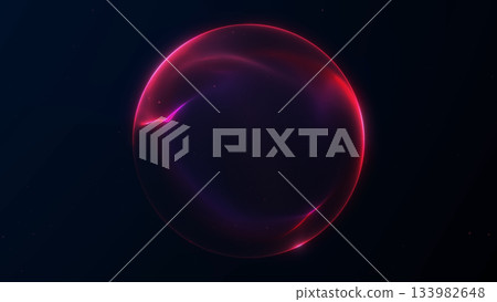 Bright digital plasma sphere with vivid neon magenta-red light streams on a dark space background. Futuristic abstract energy with smooth glowing gradients for modern tech design. 133982648