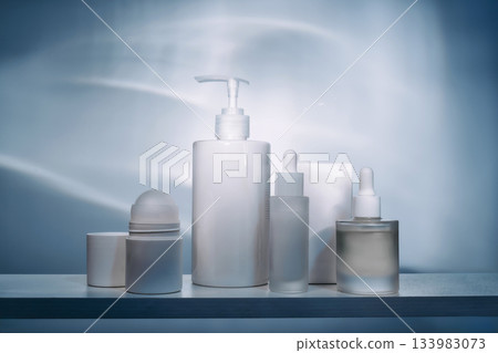 Skincare cosmetic products minimalist arrangement on shelf Skincare cosmetic products minimalist arrangement on shelf 133983073
