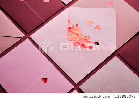 Pink envelope spilling out heart confetti Pink envelope spilling out heart confetti 133983075