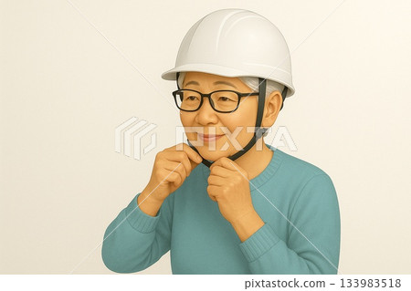 老年人正在練習正確佩戴頭盔。 133983518