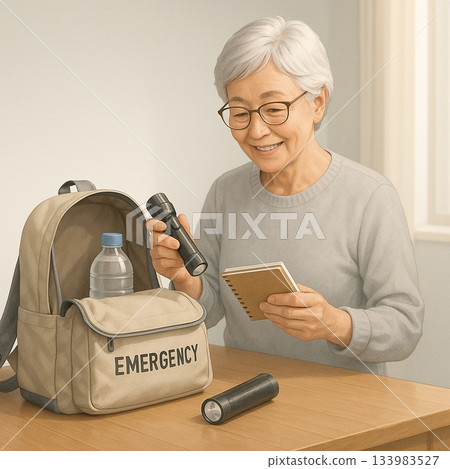 老年人正在檢查他們的緊急疏散包 133983527