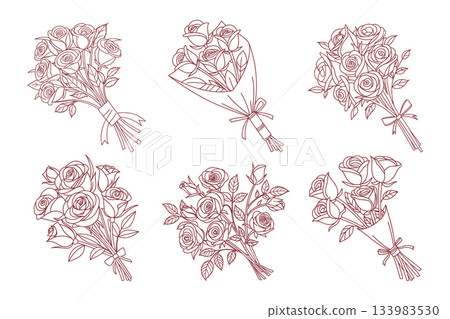 Set of elegant rose bouquets and floral arrangements. Floral gifts. Line art. 133983530