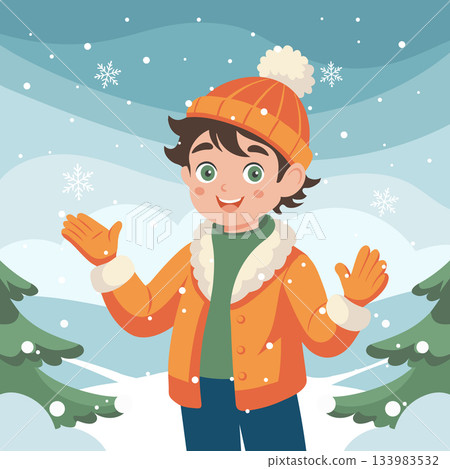 Happy boy enjoying winter snowfall in snowy landscape. Illustration. 133983532