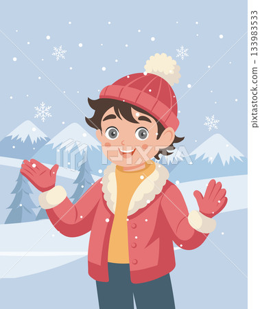 Happy boy enjoying winter snowfall in snowy landscape. Illustration. 133983533
