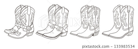 Collection of western cowboy boots on white background. Illustration. 133983534
