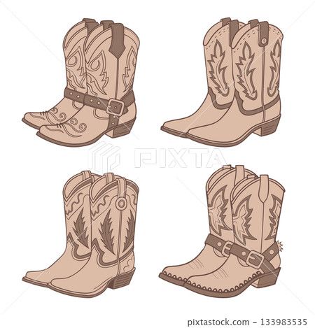 Collection of western cowboy boots on white background. Illustration. Collection of western cowboy boots on white background. Illustration. 133983535