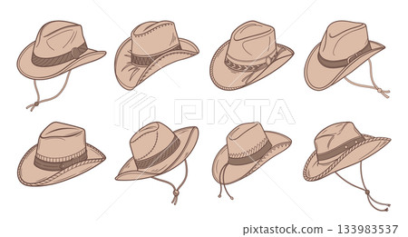 Set of hand drawn cowboy hats isolated on white background. Illustration. 133983537