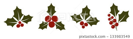 Set of festive holly leaves and red berries icons for Christmas decoration. Traditional winter foliage collection for holiday design, seasonal decor elements, botanical clipart for celebration themes 133983549