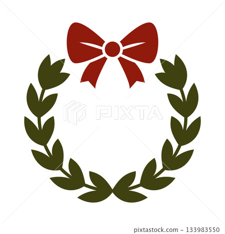 Christmas wreath illustration with simple laurel leaves and festive red bow. Minimalist holiday decoration design suitable for winter celebrations, seasonal greeting cards, invitations 133983550