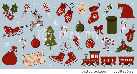 Christmas and winter holiday illustration set with cute icons including reindeer, sleigh, mittens, tree, candy canes, ornaments, gifts, holly and decorative elements for seasonal designs Christmas and winter holiday illustration set with cute icons including reindeer, sleigh, mittens, tree, candy canes, ornaments, gifts, holly and decorative elements for seasonal designs 133983552