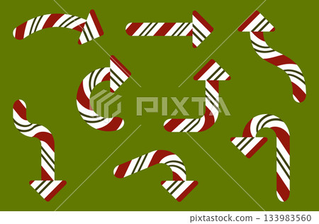 Christmas candy cane arrow icon set featuring curved, straight, and directional swipe symbols in festive red and white stripes. Decorative holiday navigation elements for seasonal design, UI, apps Christmas candy cane arrow icon set featuring curved, straight, and directional swipe symbols in festive red and white stripes. Decorative holiday navigation elements for seasonal design, UI, apps 133983560