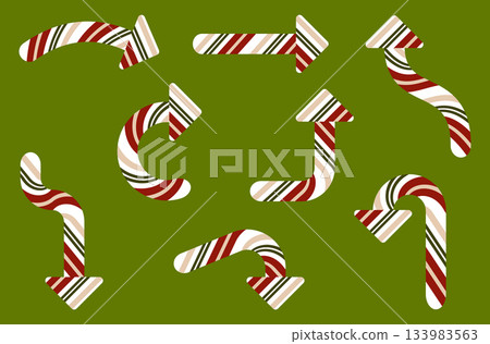 Arrows. Set of Christmas candy cane arrows with red green, cream stripes. Festive directional icons for holiday navigation winter design projects decorative layouts seasonal graphics, Christmas themes Arrows. Set of Christmas candy cane arrows with red green, cream stripes. Festive directional icons for holiday navigation winter design projects decorative layouts seasonal graphics, Christmas themes 133983563
