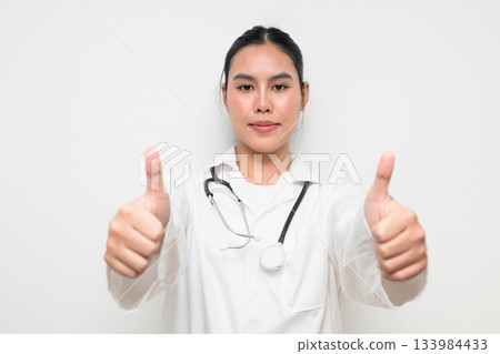Woman Doctor with Stethoscope in White Uniform on Plain Background 133984433