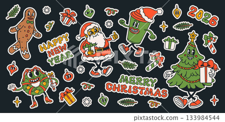 Christmas groovy retro cartoon sticker set with Santa, tree, wreath, gifts and 2026 lettering on a dark background. Christmas sticker elements in trendy groovy style. Great for posters, cards Christmas groovy retro cartoon sticker set with Santa, tree, wreath, gifts and 2026 lettering on a dark background. Christmas sticker elements in trendy groovy style. Great for posters, cards 133984544