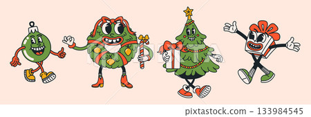 Christmas groovy retro cartoon character set with fir tree, wreath, gift and bauble. Christmas elements in trendy groovy style. Great for posters, cards, stickers and holiday prints. 133984545