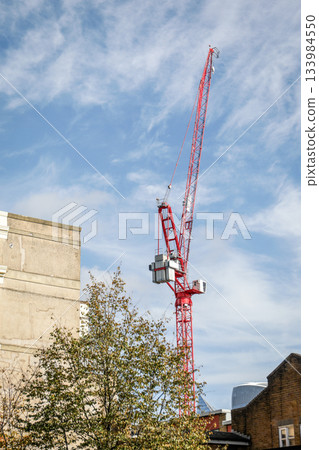 Red Tower Crane Above Buildings and Trees Under a Blue Cloudy Sky 133984550