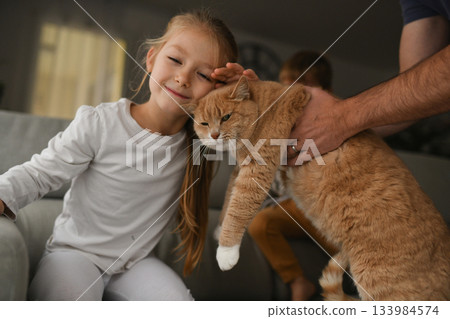 Brother and sister playing with a ginger cat on the couch. Brother and sister playing with a ginger cat on the couch. 133984574