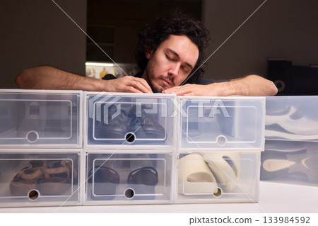 Organizing clear shoe containers effectively, Arranging transparent footwear storage with focus and style, Meticulous placement of feedthrough shoe boxes in minimalist Organizing clear shoe containers effectively, Arranging transparent footwear storage with focus and style, Meticulous placement of feedthrough shoe boxes in minimalist 133984592