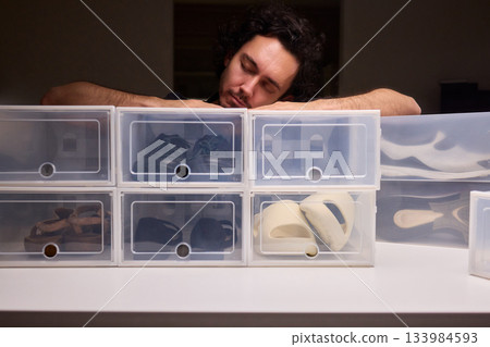 Organizing clear shoe containers effectively, Arranging transparent footwear storage with focus and style, Meticulous placement of feedthrough shoe boxes in minimalist Organizing clear shoe containers effectively, Arranging transparent footwear storage with focus and style, Meticulous placement of feedthrough shoe boxes in minimalist 133984593