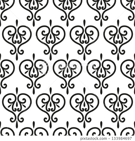 Black fantasy lacy seamless pattern. Classic lacy border of swirls. Black intricate swirly elements on white background. Monochrome medieval ornament 133984697