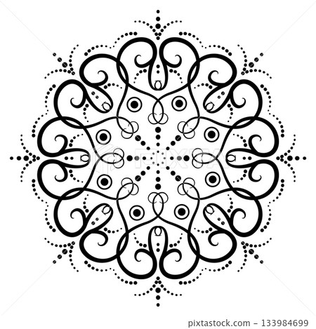 Monochrome fantasy element of curved lines and dots. Ornate lacy mandala of swirls. Black ethnic ornament. Geometry round pattern with hearts. 133984699