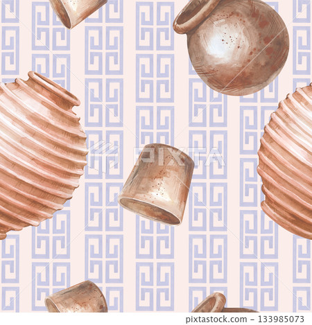 Vertical seamless pattern with clay pots and national Greek ornaments on a light background. Watercolor illustration with realistic pottery. A template with traditional elements of Greek culture for Vertical seamless pattern with clay pots and national Greek ornaments on a light background. Watercolor illustration with realistic pottery. A template with traditional elements of Greek culture for 133985073