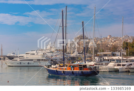 Luxury yachts in Piraeus harbor, Greece 133985169