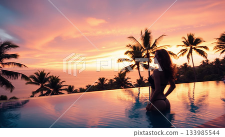 Silhouette of a beautiful woman relaxing in the pool in the setting light of the sun. The pool is surrounded by tropical trees. 133985544
