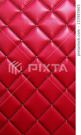 The surface texture of artificial leather in red, stitched in the form of rhombuses, squares, rectangles. Quilted eco-leather. The surface texture of artificial leather in red, stitched in the form of rhombuses, squares, rectangles. Quilted eco-leather. 133985603