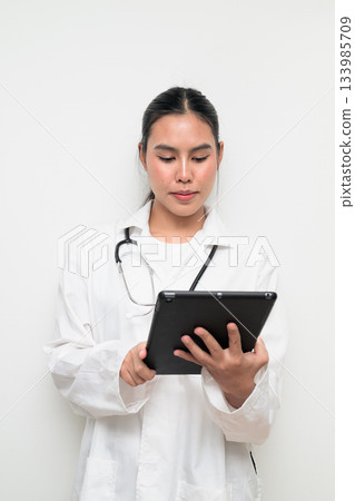 Asian Woman Doctor in White Uniform Using Digital Tablet Computer on Plain White Background Asian Woman Doctor in White Uniform Using Digital Tablet Computer on Plain White Background 133985709