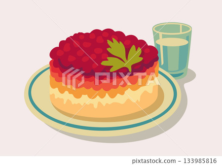 Shuba salad. Beet-coated herring on plate and glass of vodka. Vector isolated illustration Shuba salad. Beet-coated herring on plate and glass of vodka. Vector isolated illustration 133985816