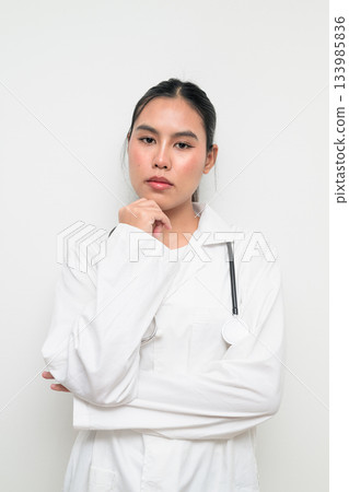 Woman Doctor with Stethoscope in White Uniform on Plain Background 133985836