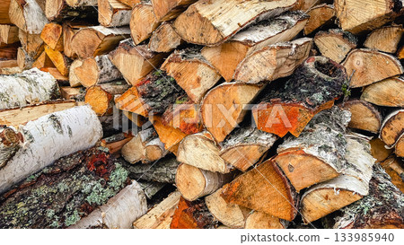Neatly stacked birch firewood logs, a rustic background texture for winter heating and warmth Neatly stacked birch firewood logs, a rustic background texture for winter heating and warmth 133985940