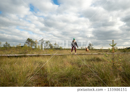 Female pet owner standing with dog on wooden ecological trail over raised sphagnum bog on cloudy day 133986151