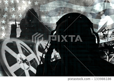 Surveillance of citizens, the secret service, special agents listening to the conversation,photo collage in contour lighting Surveillance of citizens, the secret service, special agents listening to the conversation,photo collage in contour lighting 133986186