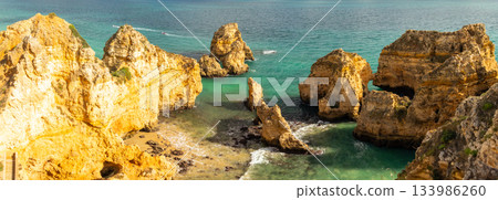Ponta da Piedade Rock Formations, Atlantic Ocean on Sunny Day. Algarve, Portugal 133986260