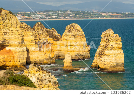 Ponta da Piedade Rock Formations, Atlantic Ocean on Sunny Day. Algarve, Portugal 133986262