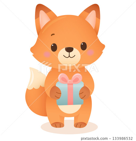 Cute pastel fox character holding a gift in kawaii cartoon style 133986532
