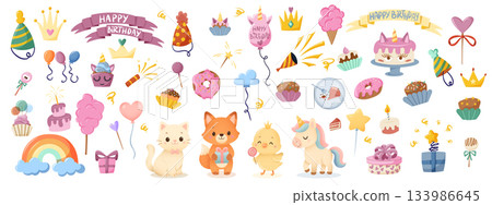 Cute birthday celebration set with animals, sweets, balloons and party elements in colorful cartoon style 133986645