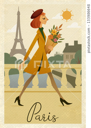 Vintage Paris street illustration with elegant woman walking and holding flowers in textured poster style 133986648