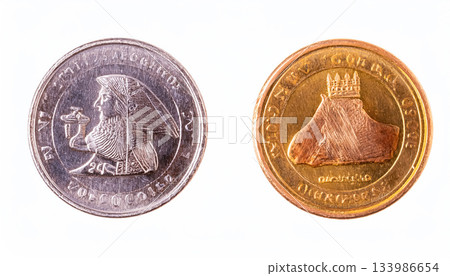 一枚刻有古代符號的硬幣的微距照片 / 喚起人們對歷史和文化記憶的金融圖像 一枚刻有古代符號的硬幣的微距照片 / 喚起人們對歷史和文化記憶的金融圖像 133986654