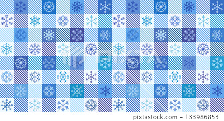 Blue Plaid and Snowflakes Winter Vector Seamless Pattern, Cute Buffalo Check Background 133986853